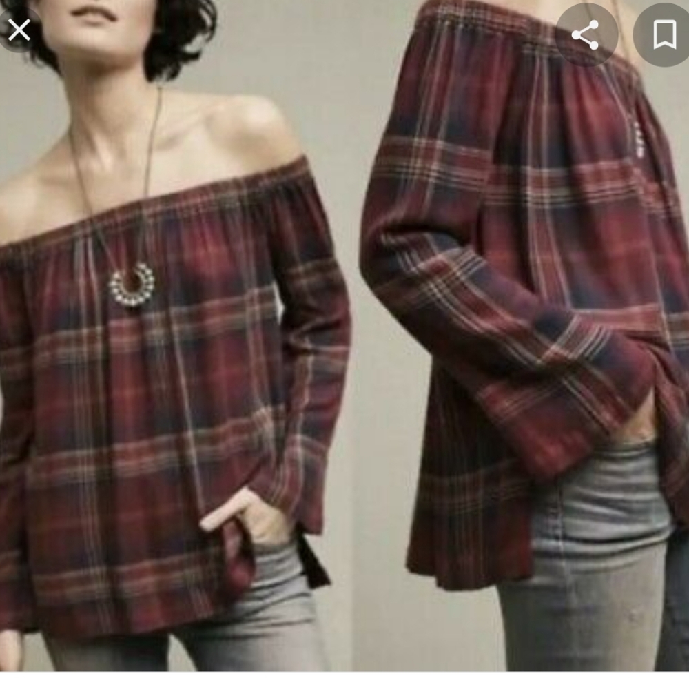Cloth & Stone Anthropologie off the shoulder flannel in burgandy red and navy